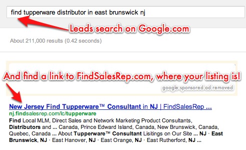 Example of a lead searching for a rep on Google, and finding FindSalesRep.com